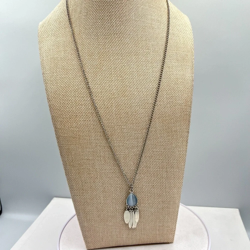 Vintage Boho Silver Tone‎ Blue Moonstone Teardrop Tassel Pendant Necklace Y2K